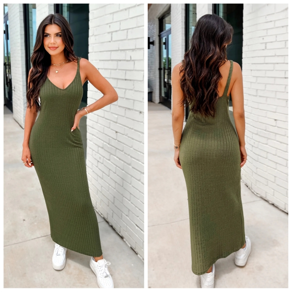 Cupshe Olive Ribbed V-Neck Maxi Dress Size XL | NWT | Casual Chic Style